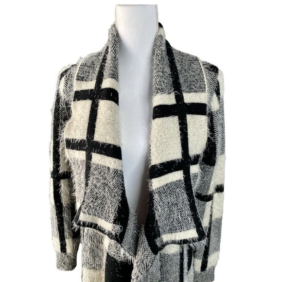 Love Taken Drape-Collared Open Front Cardigan Sweater Black & White, Medium - Picture 3 of 12